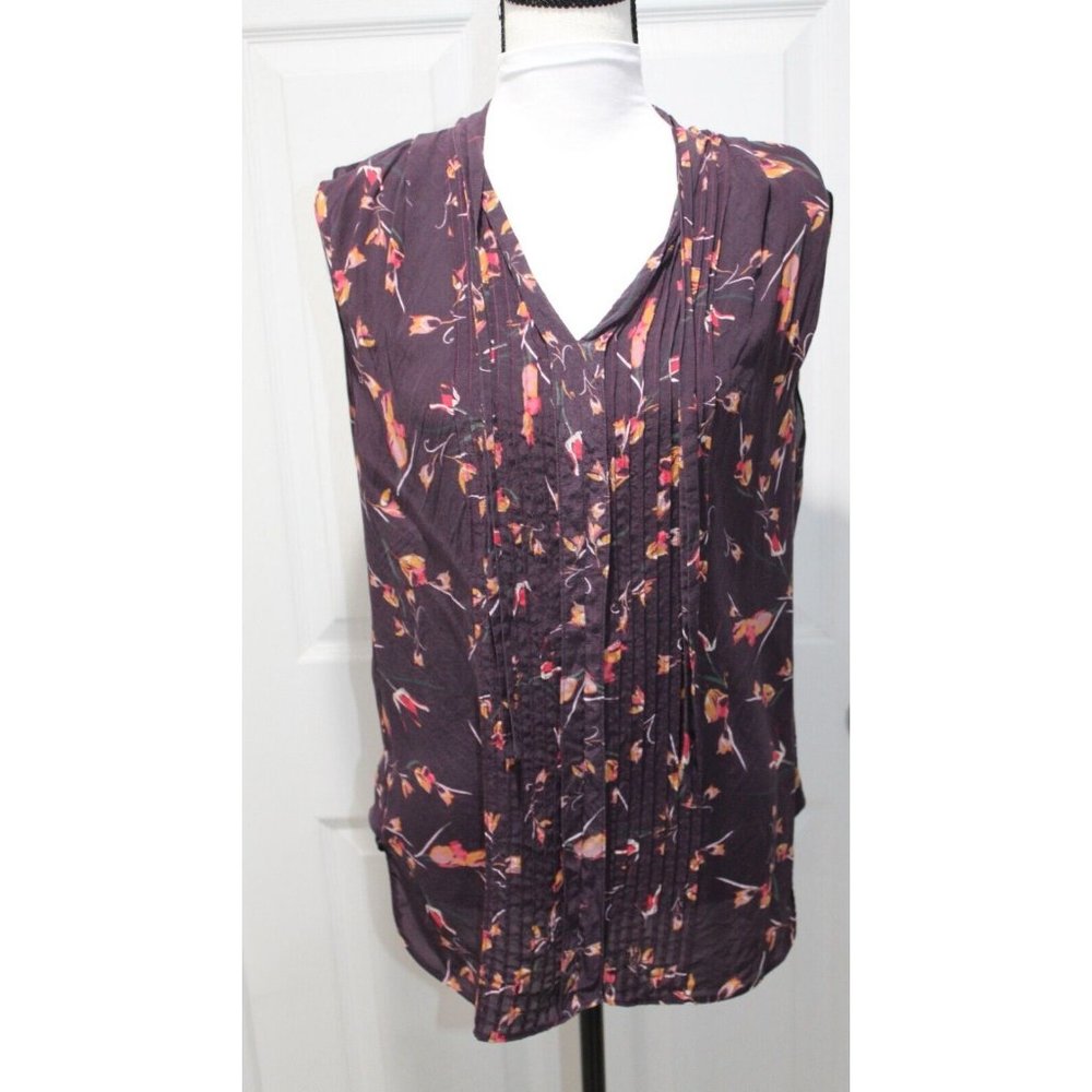 Robert Graham Women Silk Blouse Size 4 Sleeveless Top Floral V Neck Pleated Plum